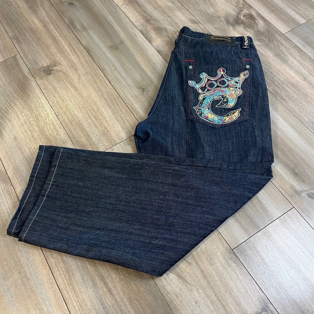 Y2K Coogi Jeans Embroidered Crown Graphic Denim Pants Streetwear Mens W38